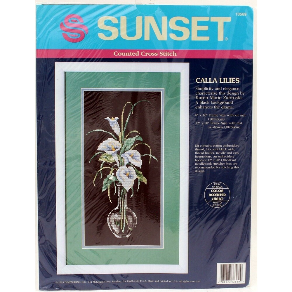 Vintage 1993 Sunset Calla Lilies Counted Cross Stitch Kit 13569 Dimensions Black